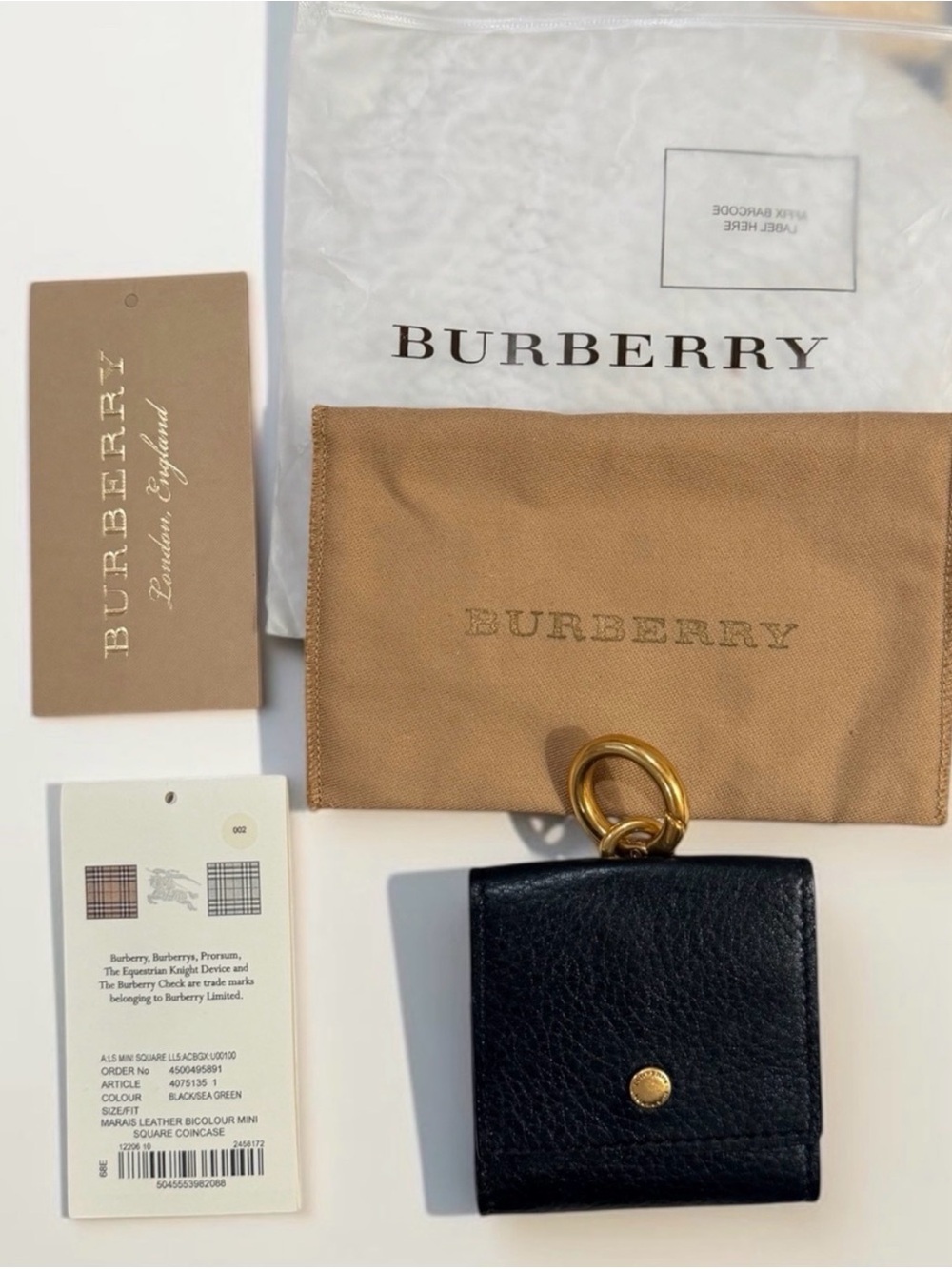 Burberry Black/Green Square Leather key chain coin case charm wallet + Full Incl